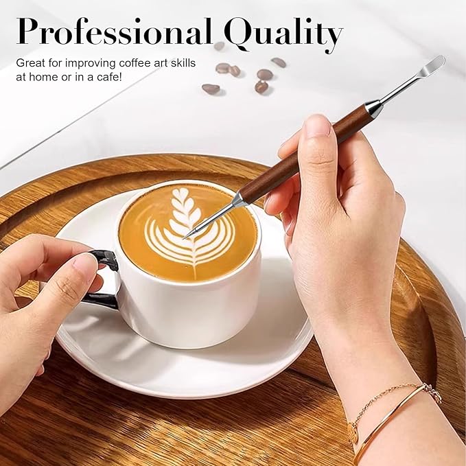 2-Pack Latte Art Pen Set, Stainless Steel Coffee Drawing Tool with Wood Handle, Double-Ended Barista Accessories for Creating Professional Espresso Tools, Home & Travel & Cafe Use