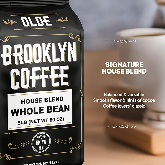 BROOKLYN COFFEE Whole Bean, House Blend Medium Roast (5lb) Balanced, Breakfast, Classic - Fresh Bulk Coffee Beans Roasted Weekly in NYC