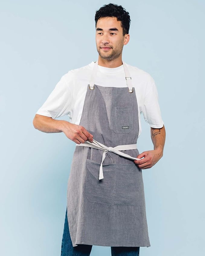 Caldo Linen Kitchen Apron for Cooking - Mens and Womens Linen Bib Apron for Professional Chef, Server, or Barista - Adjustable with Pockets (Grey)