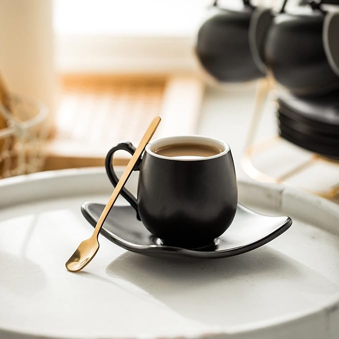 LYEOBOH Espresso Cups with Saucers Set, 3 Ounces Porcelain Coffee Cups with Metal Stand and Spoons, Cappuccino Cups Cute Demitasse Cups for Coffee Drinks, Latte, Tea Set of 6, Black