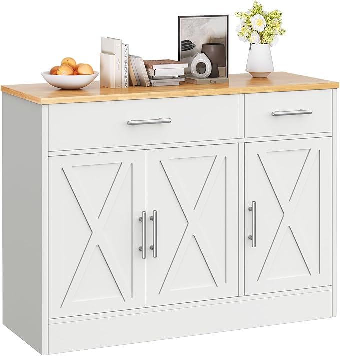 Vongrasig Buffet Cabinet with Drawers, 43” Coffee Bar Cabinet Farmhouse Kitchen Buffet Storage Cabinet with 3 Doors, Wood Buffet Table for Kitchen Living Room,White