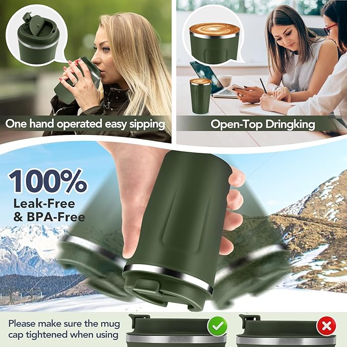 Volhoply 12 oz Double Wall Insulated Vacuum Travel Coffee Mugs with Flip Lid Bulk 2 Pack,Reusable Stainless Steel Leak Proof Coffee Cup,Portable Thermal Tumbler for Cold & Hot Drinks(Army Green,2 Set)