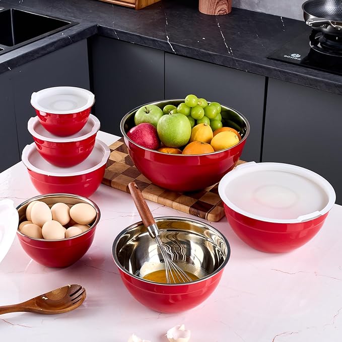 Red Mixing Bowls With Airtight Lids,Stainless Steel Bowl,Salad Bowls 7 Piece Colorful Nesting Bowl Red Kitchen Accessories,Size 7,3.6,2.7,2.1,1.5,1.1,0.8QT Stackable Design