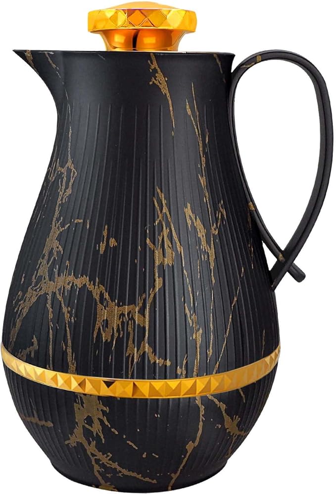 Insulated Thermal Coffee Carafe, 33 oz, Luxury Arabic-Style Insulated Carafe Flask, Coffee Tea Pot, with Spout and Glass Liner for Hot Cold Water, Housewarming Ornaments (Black and Gold)