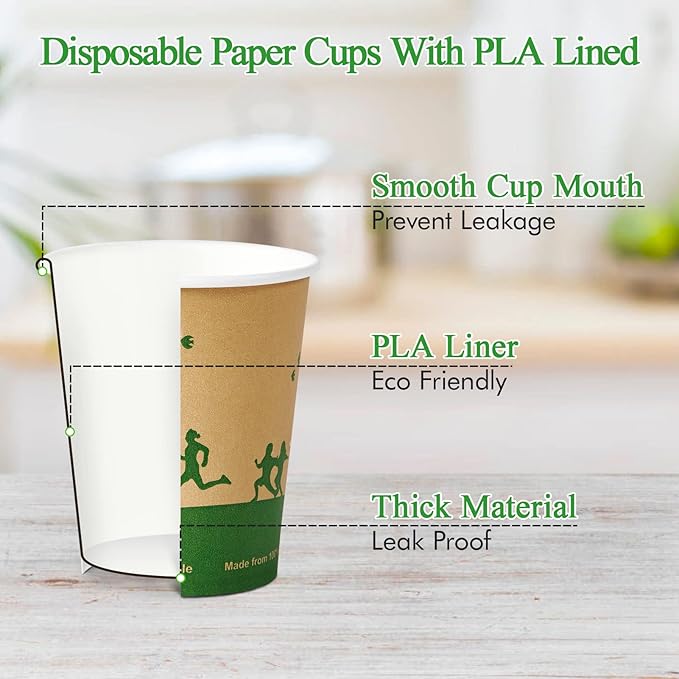 ECOLipak 300 Count Compostable Paper Cups, 8 oz Biodegradable Disposable Paper Coffee Cups with PLA Lined, Eco friendly Hot Drinking Cups for Party, Picnic,Travel,and Events
