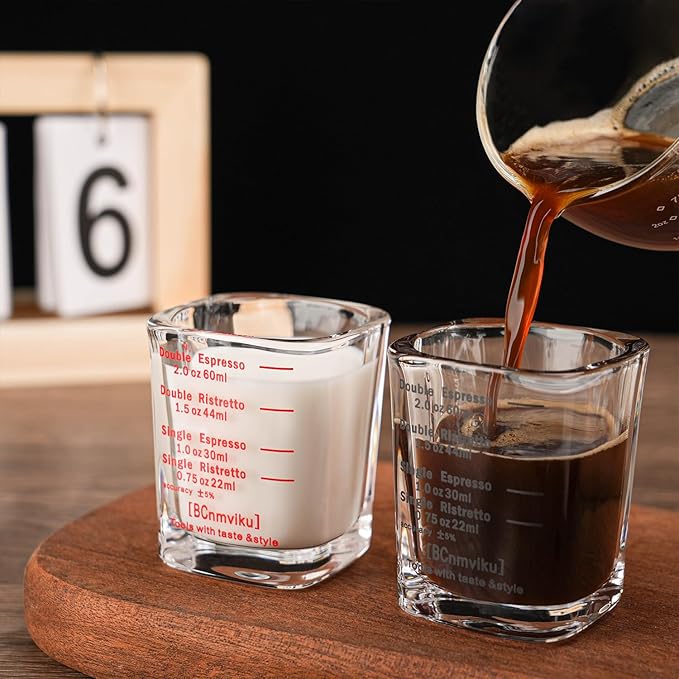 BCnmviku 2 PACK Red line Square Cup Espresso Shot Glasses Measuring Cup Liquid Heavy Glass for Baristas 2oz for Single Shot of Ristrettos