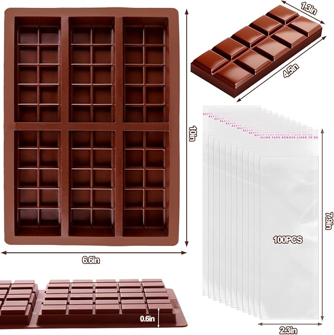 Mity rain Chocolate Bar Mold Deep, Silicone Thick Chocolate Bar Mold for Stuffed Bar, Square Knafeh Pistachio Chocolate Bar Break Apart Candy Bar Molds with 100pcs Storage Bags