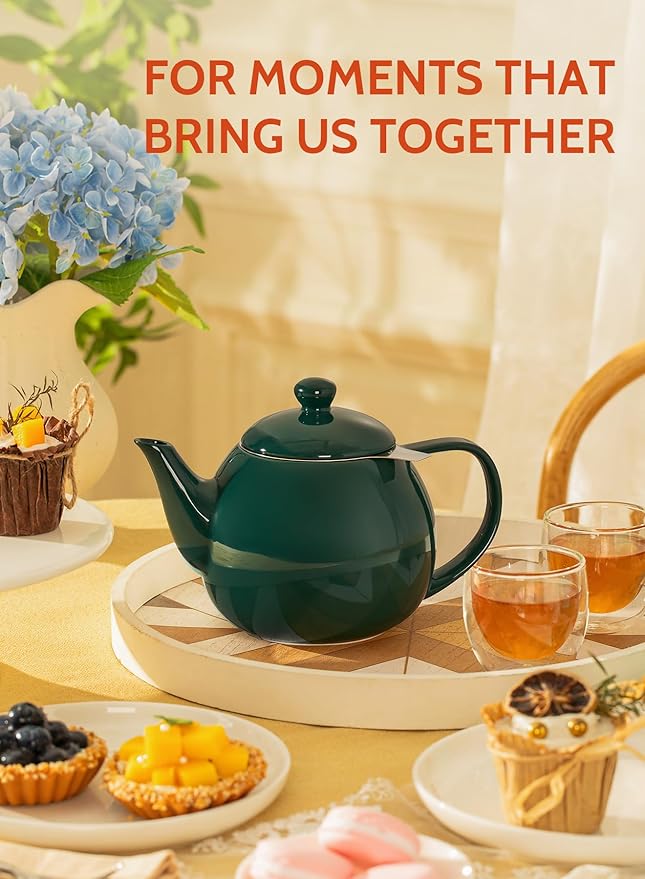 Sweese Teapots for Tea, 27 oz Porcelain Tea pot with Removable Stainless Steel Infuser, Tea Pots for Loose Tea - Dark Green