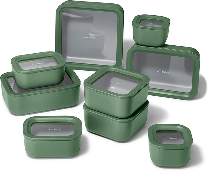 Caraway 25pc Glass Food Storage Set - Storage Containers for Food - Non-Toxic Ceramic-Coated Glass - Air Release Technology - Compact & Stackable Design - Sage