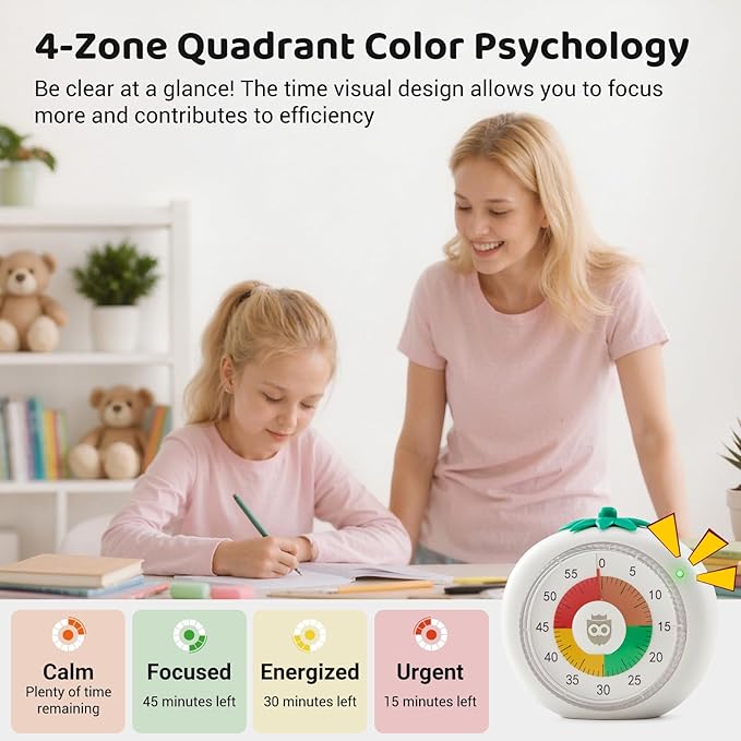 Visual Timer for Kids & Adults – 4-Color Zone Countdown Timer, 60-Min Silent Pomodoro Timer for ADHD Focus, Study, Cooking & Time Management Tool