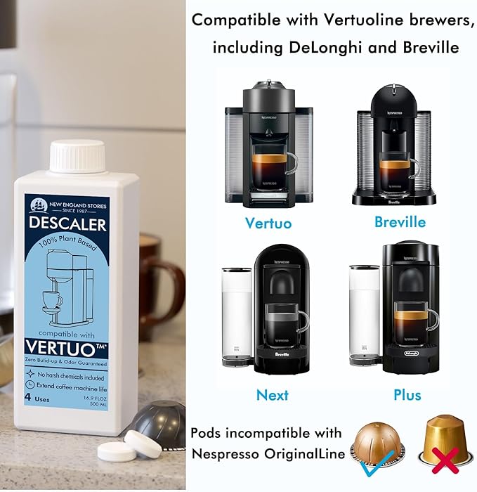 (12 Months Supply) Descaling Kit Compatible with Nespresso Vertuo, Odorless Coffee Brewer Machine Descaler Set, Liquid Descaling Solution for Nespresso, Includes Reusable Pod and 12 Cleaning Tablets