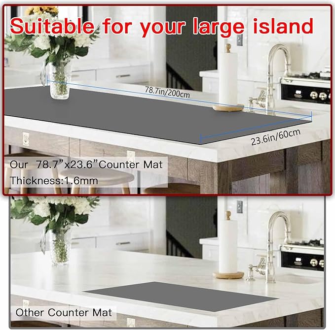 Silicone Mats for Kitchen Counter, 78.7''x 23.6'' (200cmx60cm) Largest Heat Resistant Counter Mat Kitchen Island Waterproof Thicken Non-slip Countertop Protector Mat, Dark Gray