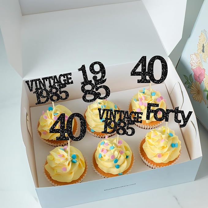 Gyufise 24Pcs Vintage 1985 Cupcake Toppers Glitter Cheers to 40 Fabulous Forty Cupcake Picks 40th Birthday Wedding Anniversary Party Cake Decorations Supplies Black