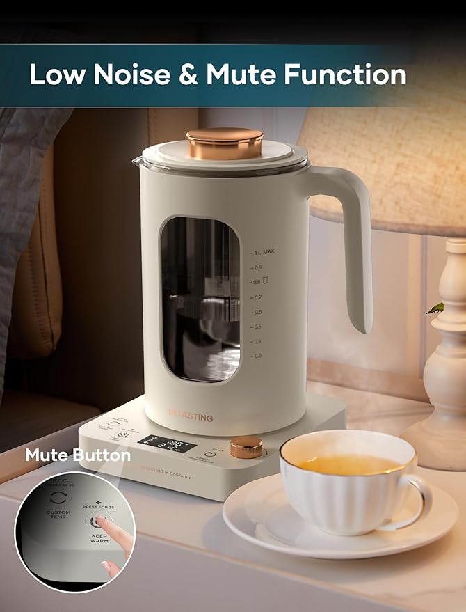 Electric Tea Kettle, INTASTING Glass Electric Kettle with tea Infuser and Precise knob temperature control, 1200W Fast Heating, BPA-Free, Easy to Clean, for Tea and coffee, 1 Liter (Cream White)