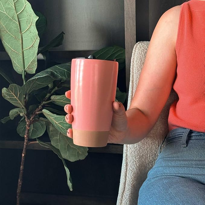 Mora Double Wall Ceramic Coffee Travel Mug with Lid, 14 oz, Portable, Microwave, Dishwasher Safe, Insulated Reusable Tall Cup, Splash Resistant Lid - To Go Tumbler for Car Cup Holder, Pink Salt