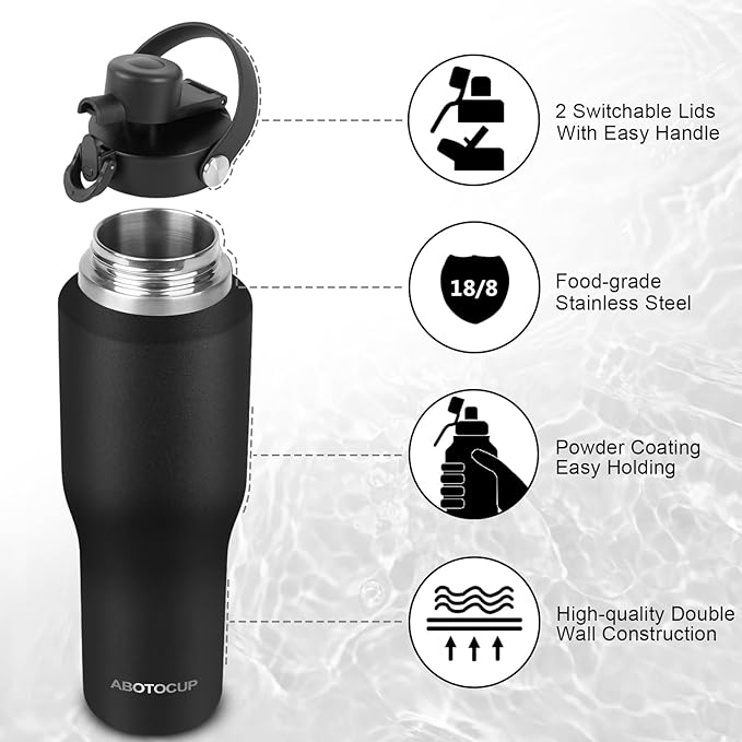 32oz Black Water Bottle Stainless Steel, Keep Cold 24H&Hot 12H, Water Bottle with Straw&Spout Lids, Insulated Water Bottle Double Wall Vacuum, Fit in Any Car Cup Holder, Leak-proof BPA Free