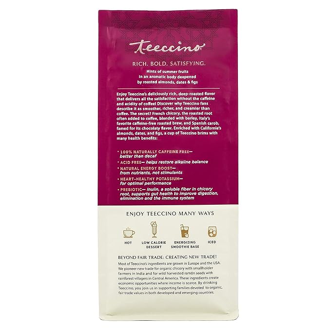 Teeccino Almond Amaretto Chicory Coffee Alternative - 11 Ounce - Ground Herbal Coffee That’s Prebiotic, Caffeine Free & Acid Free, Medium Roast