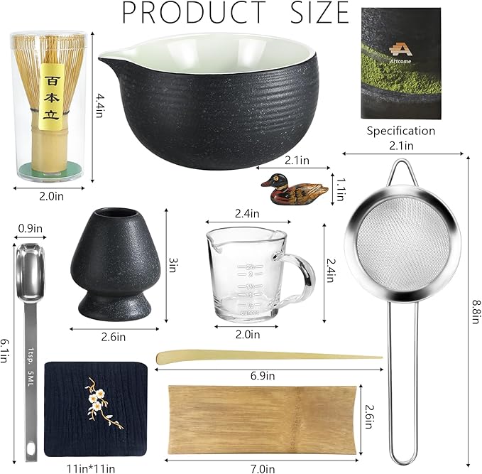 Artcome Bluestone Glaze Matcha Kit for Japanese Tea Ceremony, Bowl with Pouring Spout, Whisk, Tea Scoop, Matcha Powder Strainer, Matcha Tea Set For Making Usucha, Koicha and Matcha Latte (10 PCS)