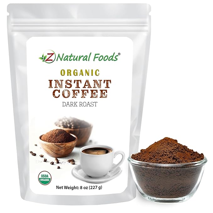 Z Natural Foods Organic Instant Coffee Powder - Rich Dark Roast Flavor, Arabica Instant Espresso Powder with Antioxidants to Boost Energy, Mood & Focus - Gourmet Coffee in Resealable Bag, 8 oz