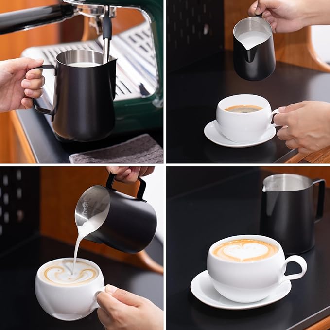 2 Pack Matte Black Milk Frothing Pitcher, 12oz/350ml & 20oz/600ml Espresso Steaming Pitcher, Stainless Steel Milk Frother Steamer Cup, Perfect for Espresso Coffee Cappuccino Latte Art