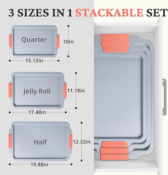 BRONYPRO Non Stick Ceramic Baking Sheet Pan Set of 3, Natural Non Toxic Cookie Sheets for Baking - PFOA, PTFE Free, Heavy Duty Aluminized Steel Oven Trays for Cooking with Silicone Handles, Coral