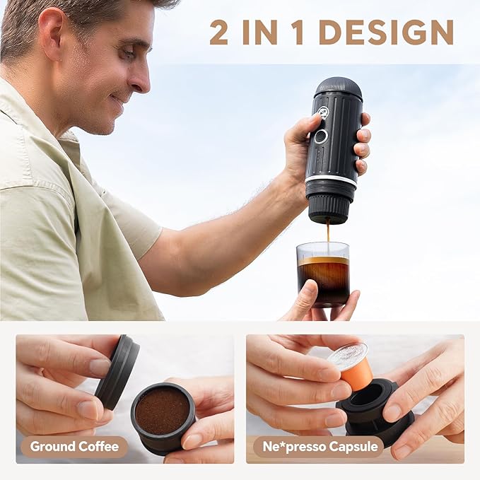 Rich Crema Portable Electric Espresso Coffee Maker, Fast self-heating 2 IN 1 Extraction System Espresso Machine,Support Ground Coffee and NS capsule, for Travel,Car,Hiking,Climbing（Black）