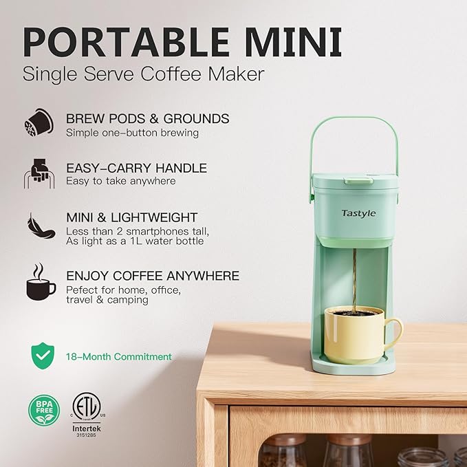 Single Serve One Cup Coffee Maker, for K Cups and Grounds, Mini Coffee Maker with Portable Handle, 6 to 12 Oz Brew Size, for Travel, Camping, Office, RV and Dorm, 120V, Oasis