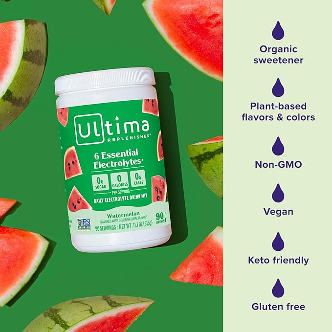 Ultima Replenisher Daily Electrolyte Powder Drink Mix – Sugar Free – Watermelon, 90 Servings – Hydration Powder with 6 Key Electrolytes and Trace Minerals – Keto Friendly, Vegan, Non-GMO