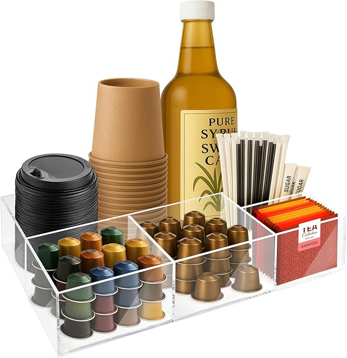 Acrylic Coffee Bar Station – Snack Tea Organizer & Storage Holder for Office Coffee Table – Perfect Countertop Setup for Syrup, Creamer, and Snack Accessories