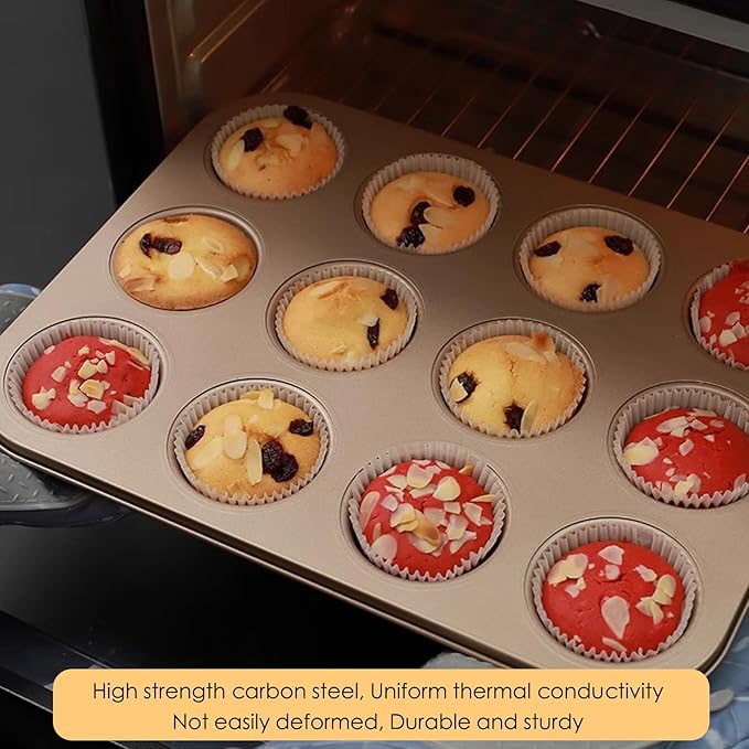 12-Cup Muffin Pan Tin for Baking, 2 Packs Nonstick Cupcake Pan Tin, Cup Cake Tray, Cheesecake Pans, Gold