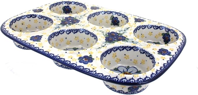 Blue Rose Polish Pottery - Blue Daisy Surprise Muffin Pan - 12" x 8" - Ceramic Baking Dish, 6-Cup Muffin & Cupcake Pan