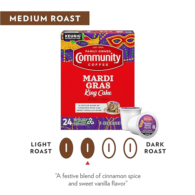 Community Coffee Mardi Gras King Cake Flavored 72 Count Coffee Pods, Medium Roast, Compatible with Keurig 2.0 K-Cup Brewers (Pack of 6, 72 Count)