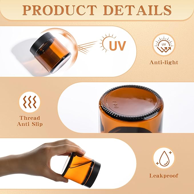 Glass Jars with Lids,Eco-Friendly Cosmetic Containers with Airtight Black Lids & Liners, Multi-Color Options for Cream, Lotion, Body Butter, DIY Skincare Travel Jars (Amber, 4oz)