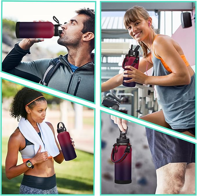 32OZ Insulated Water Bottle with Straw - Spout Lid, Sweat-Proof & BPA-Free Metal Reusable Water Bottles, Wide-Mouth Vacuum Insulated Bottle with Paracord Handle, Bottle Sleeve Bag & Protective Boot