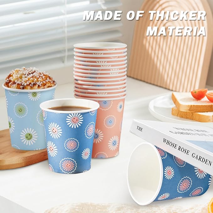 300 Pack Paper Cups 8 oz, Disposable Coffee Cups, Paper Coffee Cups 8 oz, Colourful Hot/Cold Beverage Drinking Cup for Water Juice or Tea, Office Party Home Travel - Daisy