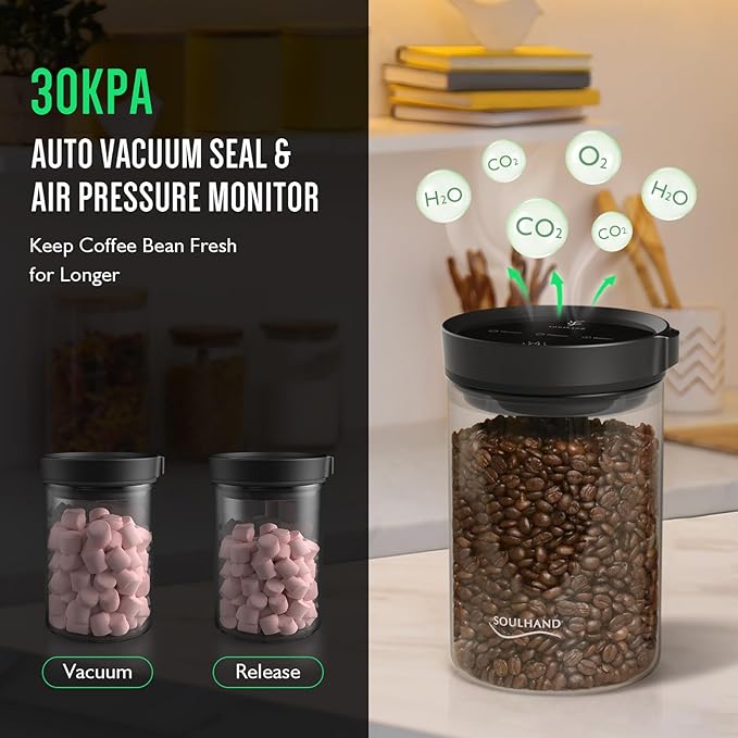 SOUL HAND Vacuum Coffee Canister Automatic Airtight Coffee Containers & Food Storage, Glass Coffee Jar with Spoon, Touch Screen Coffee Storage Container for Coffee Beans/Sugar/Nuts 1.6 L