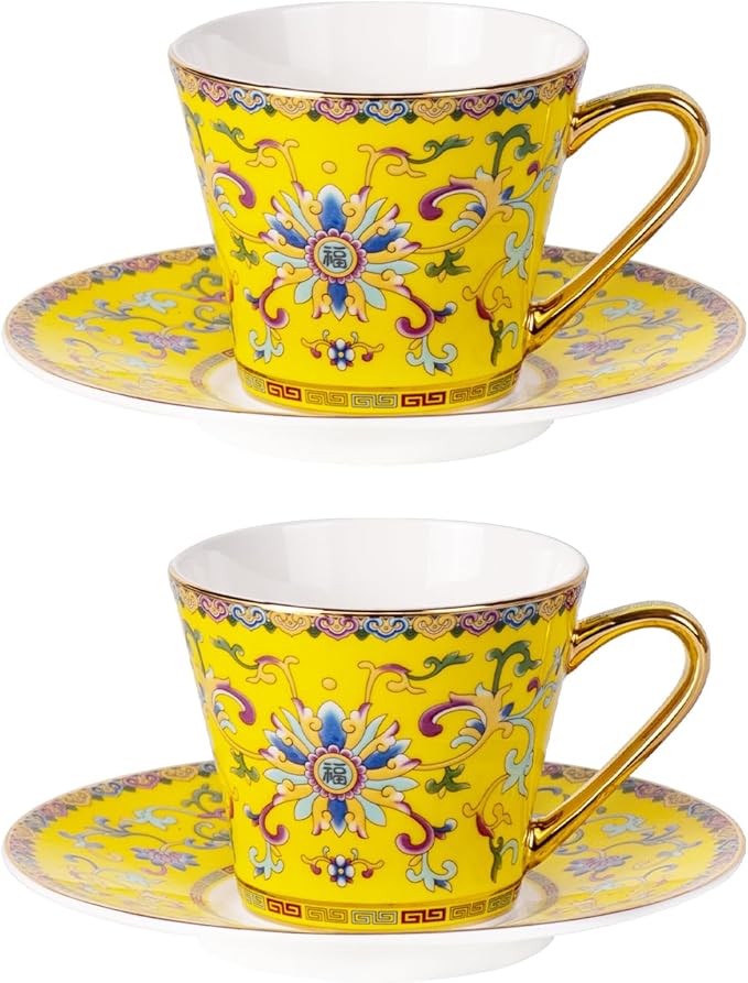 KAMMAK Tea Cups and Saucers Set of 2, Porcelain Coffee Cups with Saucer for Espresso, Cappuccino, 9oz Vintage Noble Yellow Ceramic Demitasse Mug for Home, Tea Party, Office