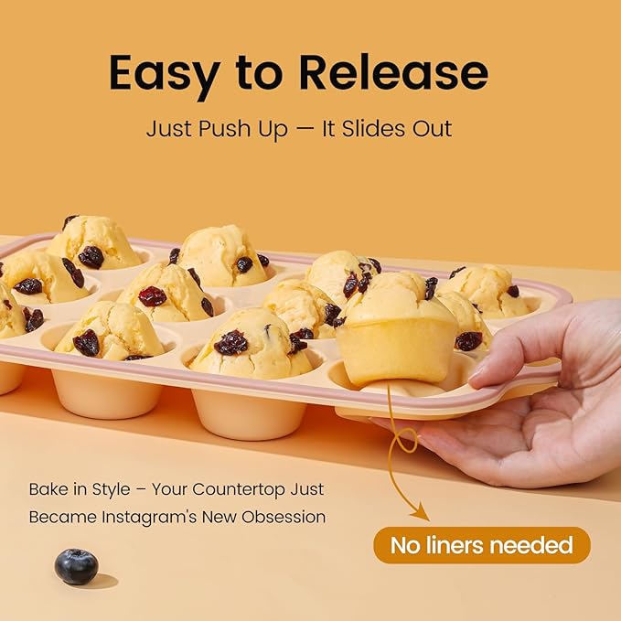 Silicone Muffin Pans for Baking 2 Pack, 2.6 Inch with Metal Reinforced Frame, Regular Size Nonstick Silicone Cupcake Pan for Baking Homemade Muffins, Cupcakes, Dishwasher Safe BPA Free-Yellow