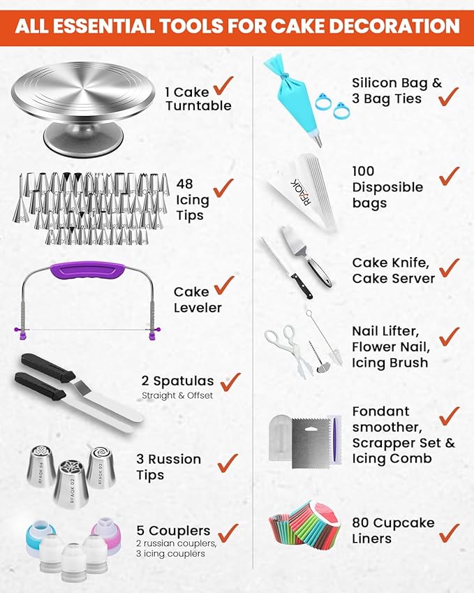 RFAQK 250 PCs Aluminum Cake Decorating Tools Kit with 12" Metal Turntable & Knife set-48 Numbered Icing Tips-3 Russian Piping Nozzles-Straight & Angled Spatula-Cake Leveler& Baking Supplies Tools