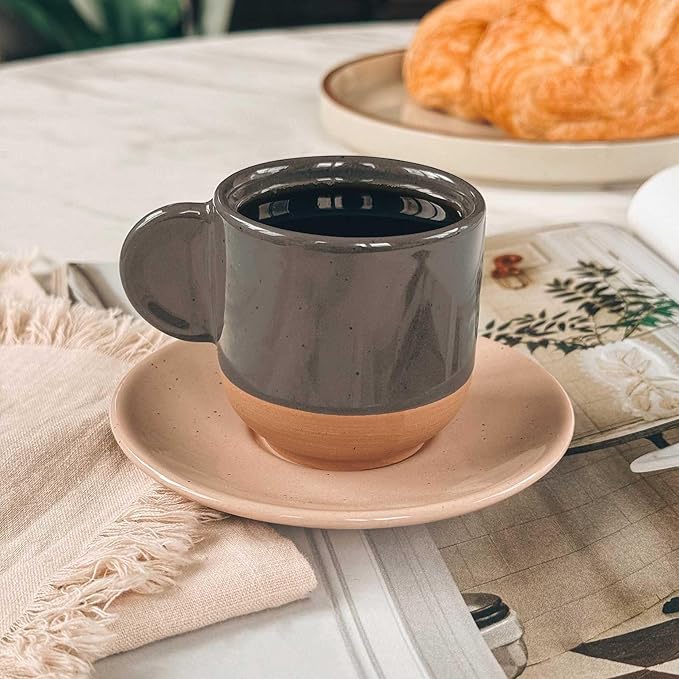 Mora Ceramic Mini Espresso Cups Set of 4, 3oz - Tiny Italian Inspired Mugs With Saucers For Small Shots of Coffee - Modern Boho Style For Any Kitchen or Cafe. Microwave Safe Porcelain - Asstd Neutrals