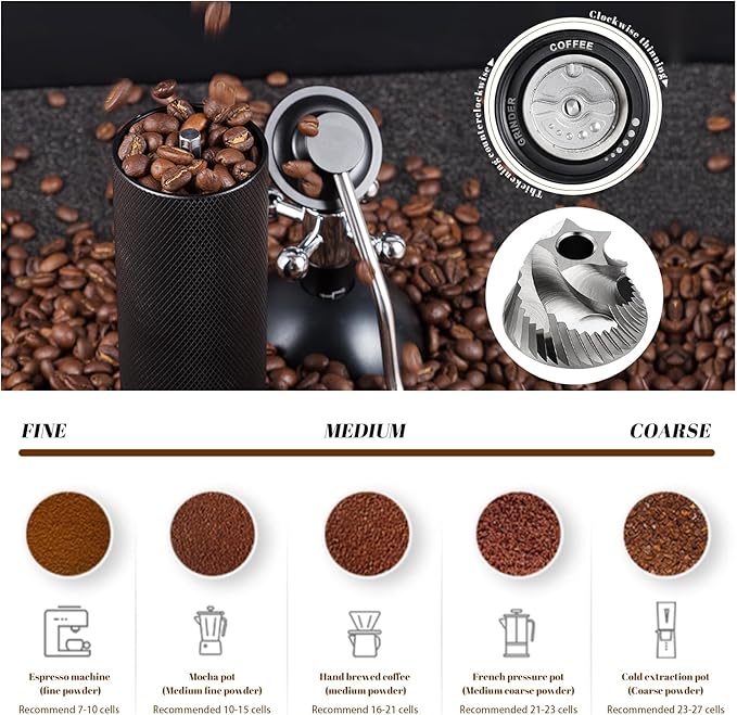 Manual Coffee Grinder Capacity 25 Grams, Stainless Steel Burrs - Wooden Handle, Burr Coffee Grinder for Home, Office, Camping, Hiking (Grey)