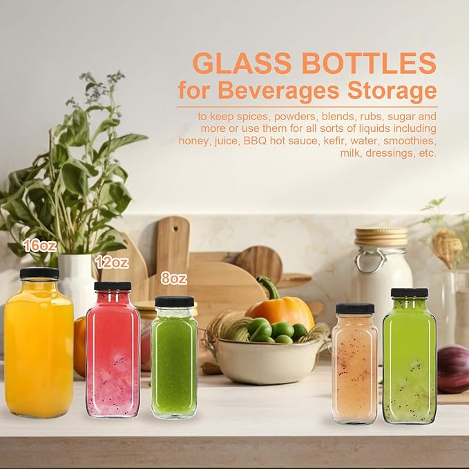 3 Pack 12oz Glass Water Bottles, 350ml Empty Glass Juice Bottles with Black Lids, Brush & Labels, Clear Reusable Drinking Jars for Juicing, Homemade Smoothies, Beverages