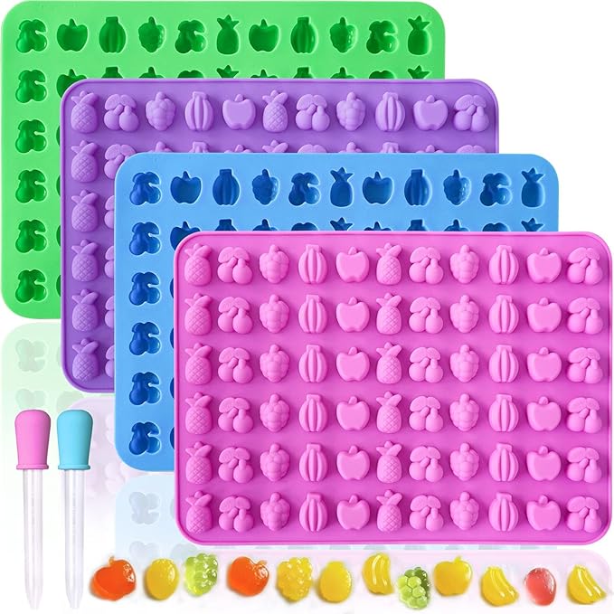 HKNMTT Gummy Fruit Molds Silicone, Mini Cute Fruit Shaped Candy Chocolate Tray Molds With 2 Droppers, 4 Pack 264 Cavities Non-stick Bite Size Kids Apple Molds, DIY Candy Making Kit
