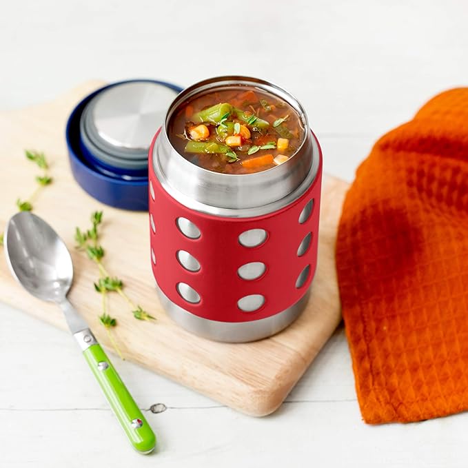 LunchBots Thermal 12 oz Triple Insulated Thermos - Hot 6 Hours or Cold 12 Hours - Leak Proof Thermos Soup Jar - All Stainless Interior - Navy Lid - Red Dots