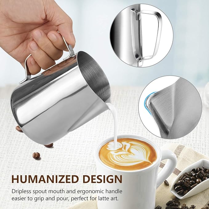 HOOMIL Milk Frothing Pitcher, 20oz/600ml Stainless Steel Steaming Pitcher Barista Milk Frother Cup Jug for Espresso Machine Coffee Cappuccino Latte Art - Silver