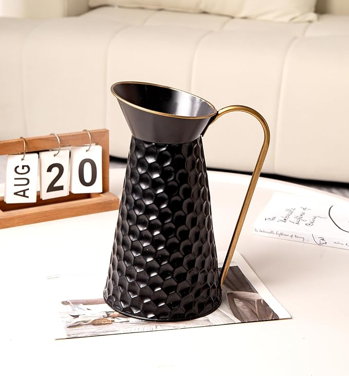 Elegant Black Metal Pitcher Vase, Farmhouse Galvanized Flower Vase, Rustic Decorative Milk Jug for Home Décor
