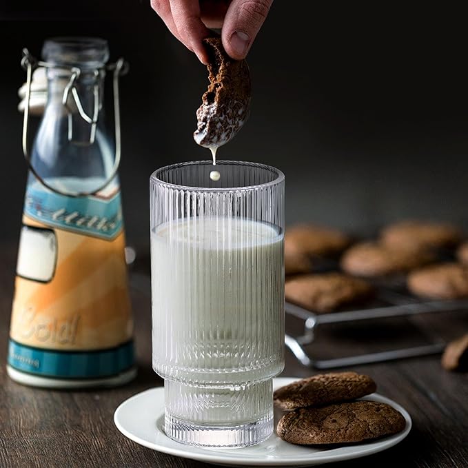 Glass Cups with Lids and Straws - 16 oz Iced Coffee Cups, Vintage Ribbed Drinking Glasses with Bamboo Lids, Tumbler for Juice, Beer, Coffee, Milk, Cocktail, Water (4 Pack)