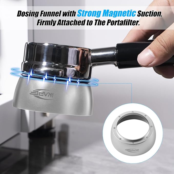 IKAPE Magnetic Dosing Funnel Set, 51MM Espresso Dosing Ring & Puck Screen Kit Compatible with Delonghi 51MM Bottomless Portafilter - with 8 Small Magnet (Silver)