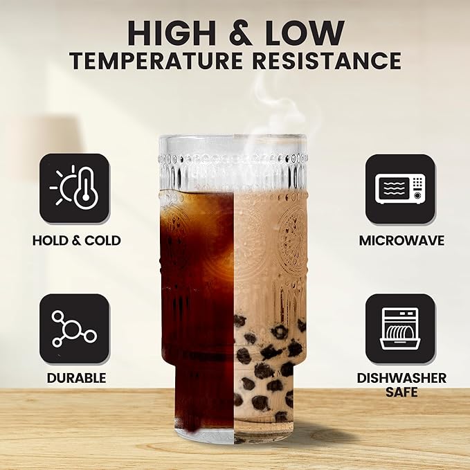 2 Pcs 16oz Glass Cups with Lids and Straws Ribbed Vintage Iced Coffee Glasses for Tea Iced Coffee Soda Cocktail Smoothie(Ribbed*2)