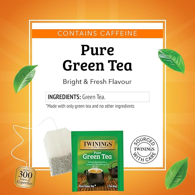 Twinings Pure Green Tea Individually Wrapped Bags, 100 Count (Pack of 1), Smooth & Refreshing, Caffeinated, Enjoy Hot or Iced, 100 Teabags